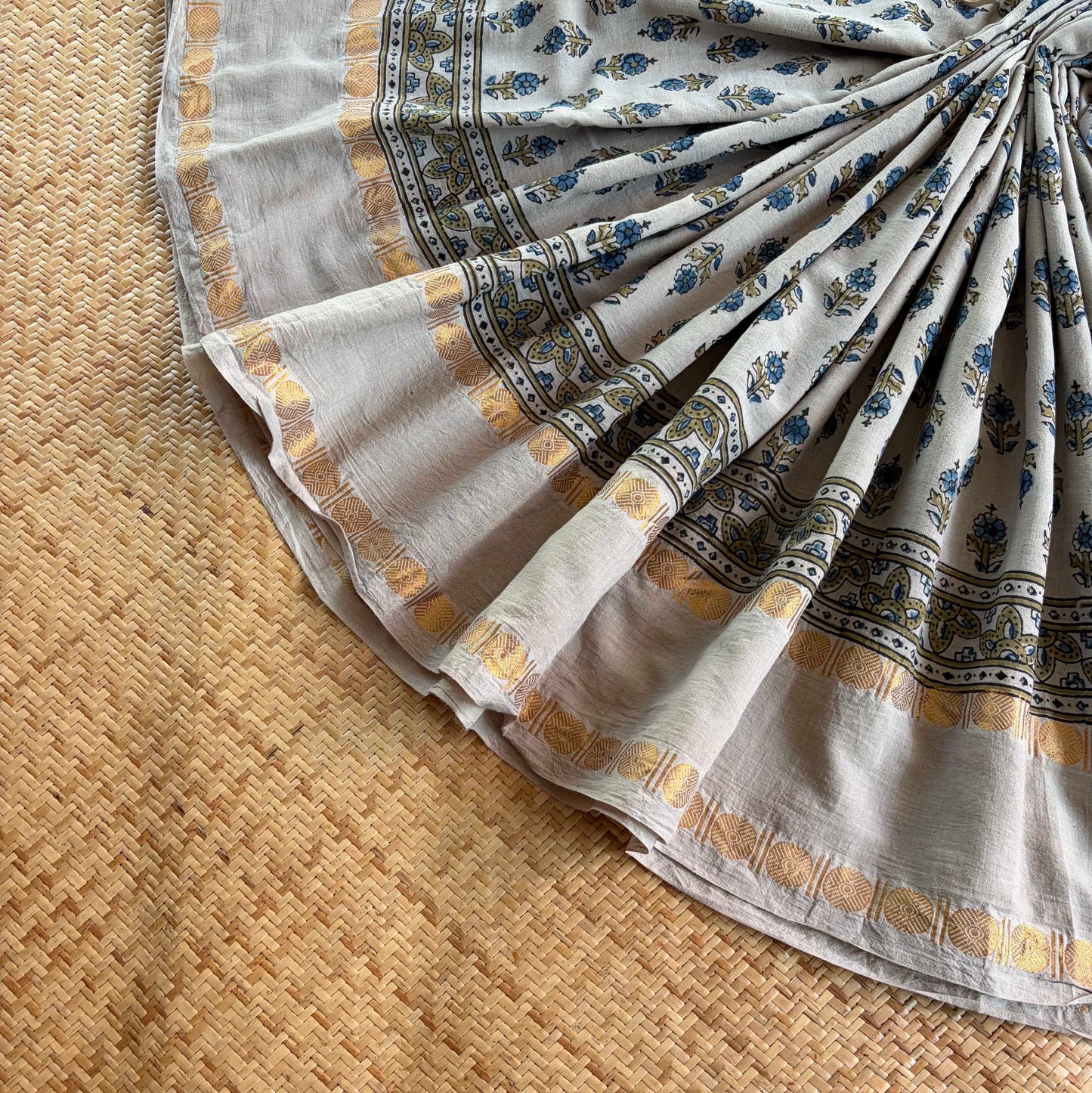 Pastel Grey, Ajrak Hand Block Printed On Madurai Cotton Saree With Zari