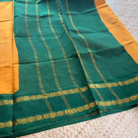 Mustard Saree With Ajrak Printed Blouse , Zari Rudraksham Rettai Pettu Border , Clamp dyed (Kattu sayam)