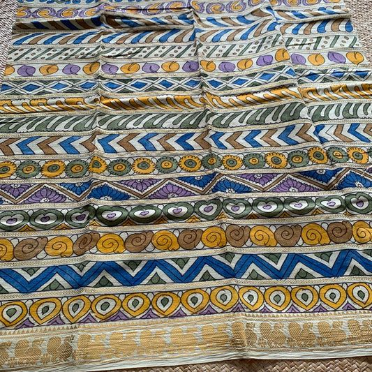 Multicolour Floral, Kalamkari Hand Painted on a Madurai Sungudi Cotton CUT FABRIC