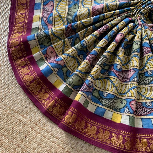 Multicoloured Kalamkari Hand Painted on a Madurai Velthari Sungudi Cotton saree.