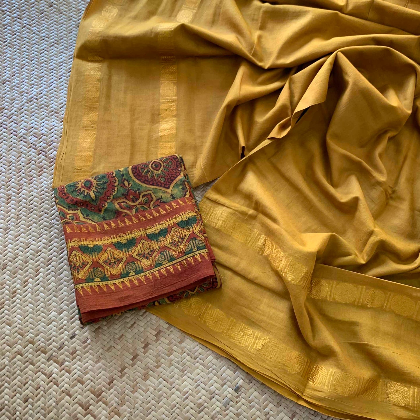 Golden Mustard Saree With Ajrak Blouse , Zari Rudraksham Rettai Pettu Border , Clamp dyed (Kattu sayam).