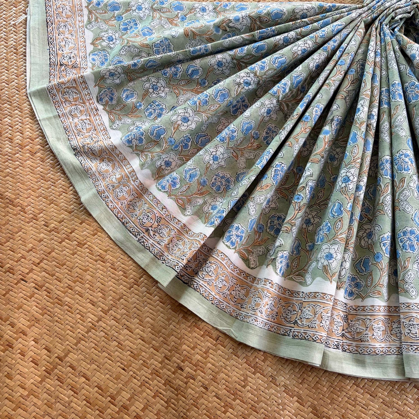Mul Mul Cotton saree, Hand Block Printed, Pastel Green