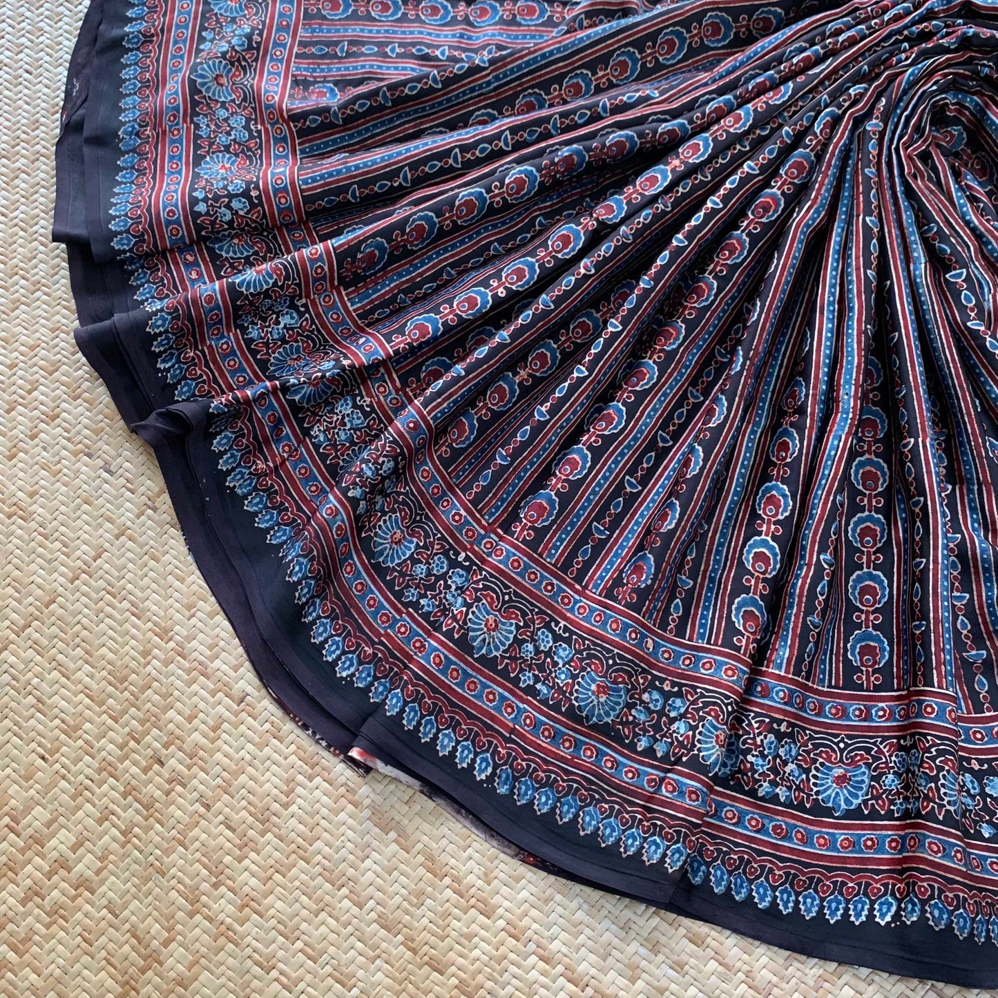 Ajrakh Modal Silk Saree, Black Saree with Hand Block Printed Designs