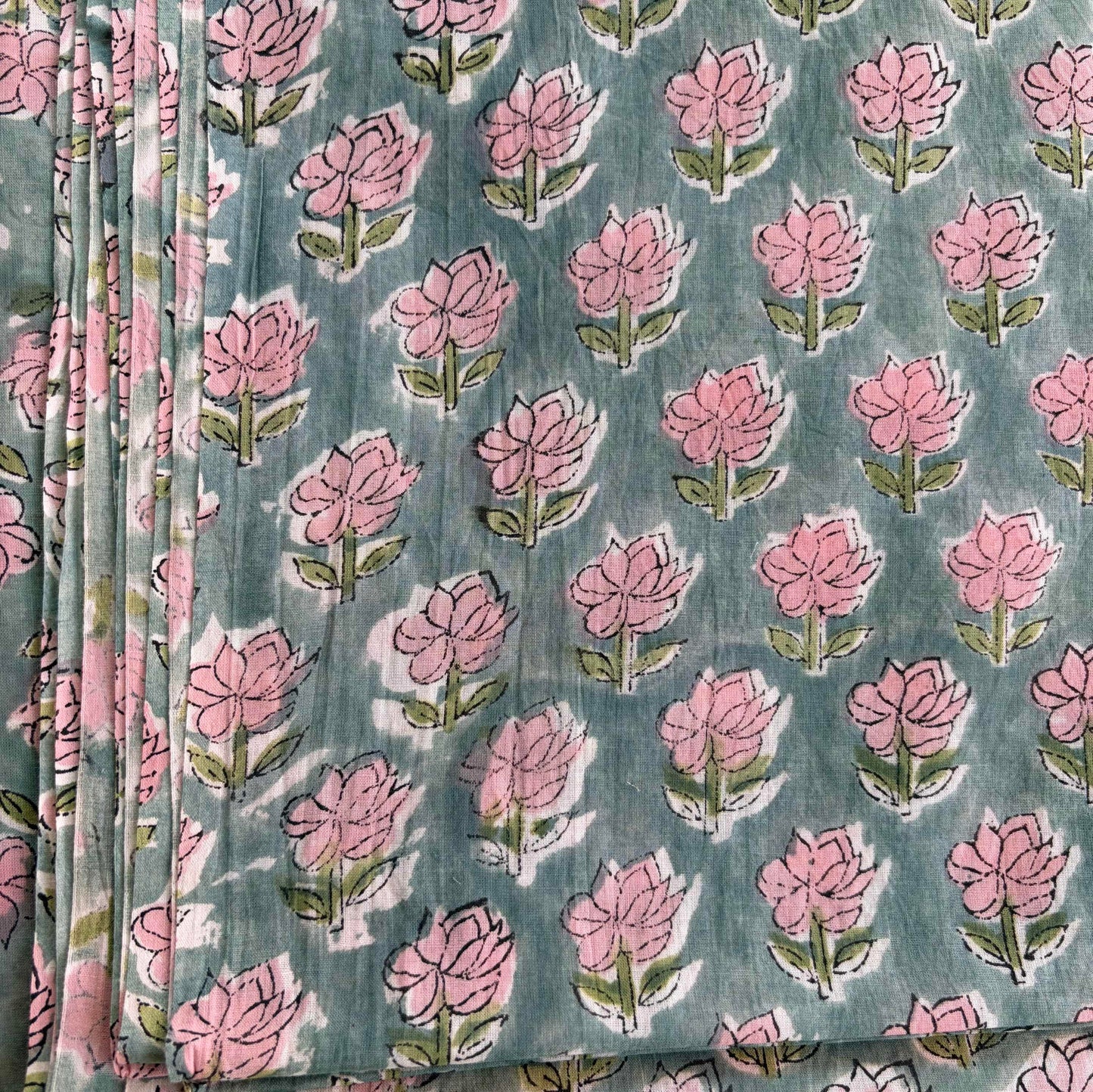 Hand Block Printed Sanganeri Cotton Running Fabric, Aqua