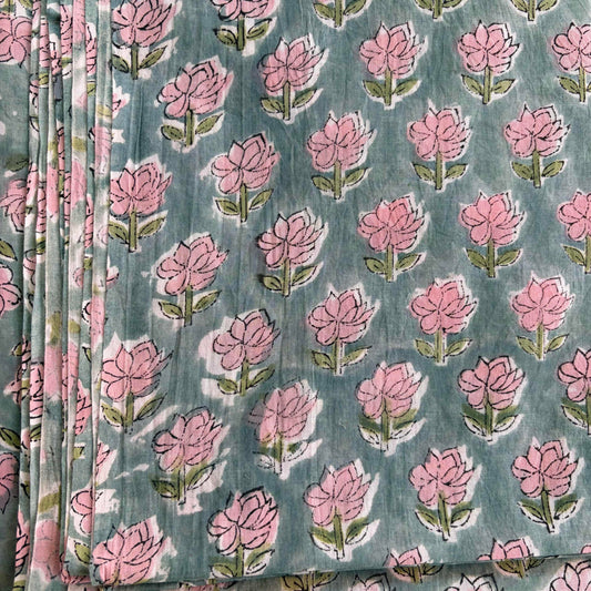 Hand Block Printed Sanganeri Cotton Running Fabric, Aqua