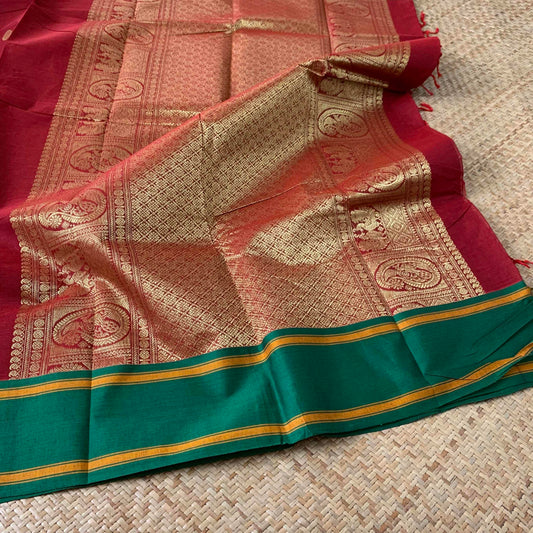 Kanchipuram Cotton Saree, Maroon Double Tone Saree with Green Border with Grand Pallu and Yazhi Chakkaram Butta