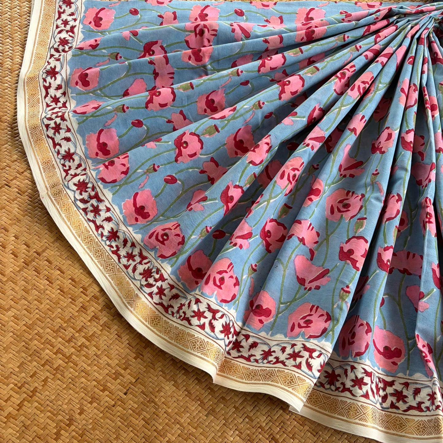 Blue, Jaipur Hand Block Printed On Madurai Cotton Saree With Zari