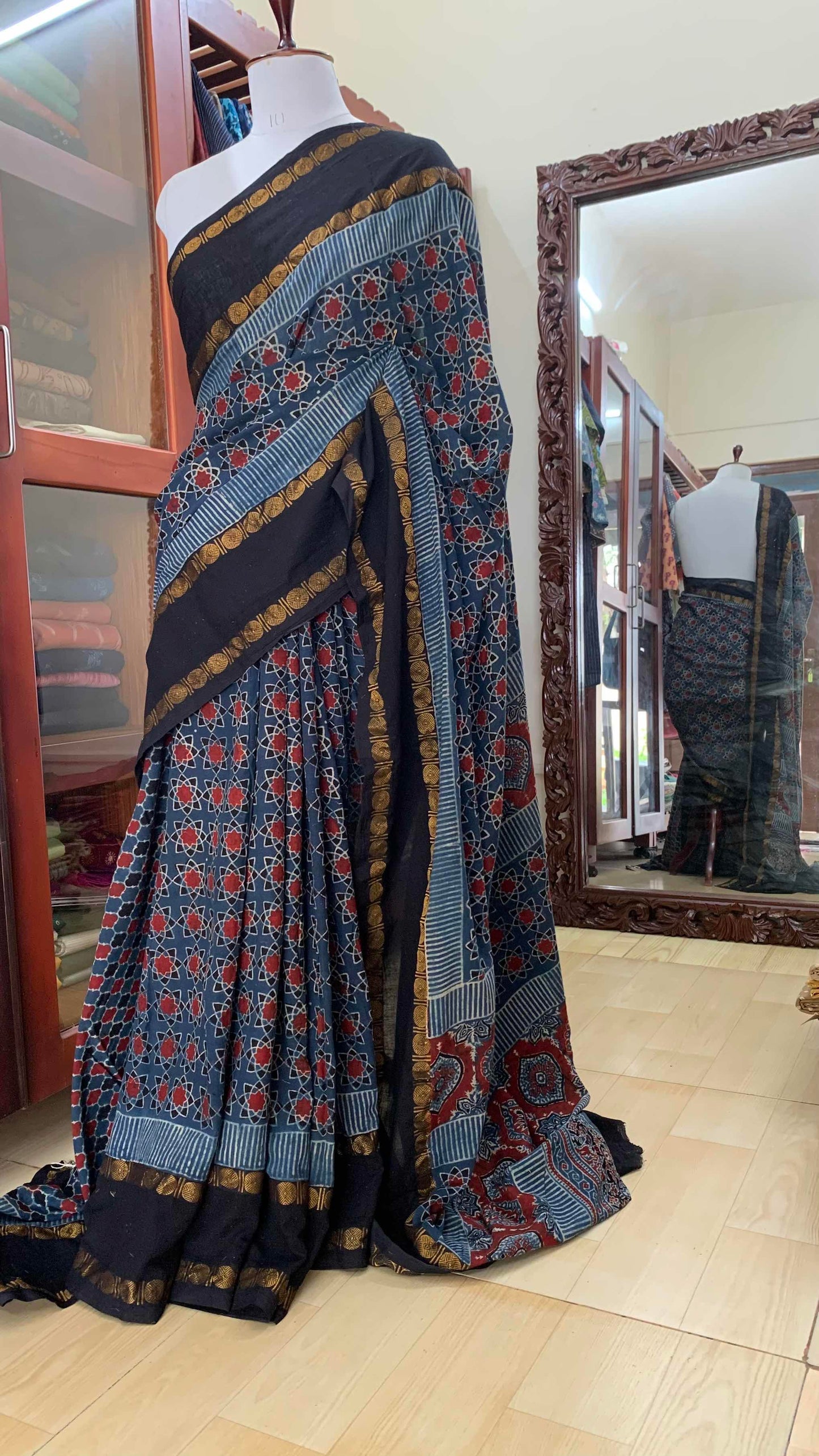 Atoms-Indigo, Ajrak Hand Block Printed On Madurai Cotton Saree With Zari