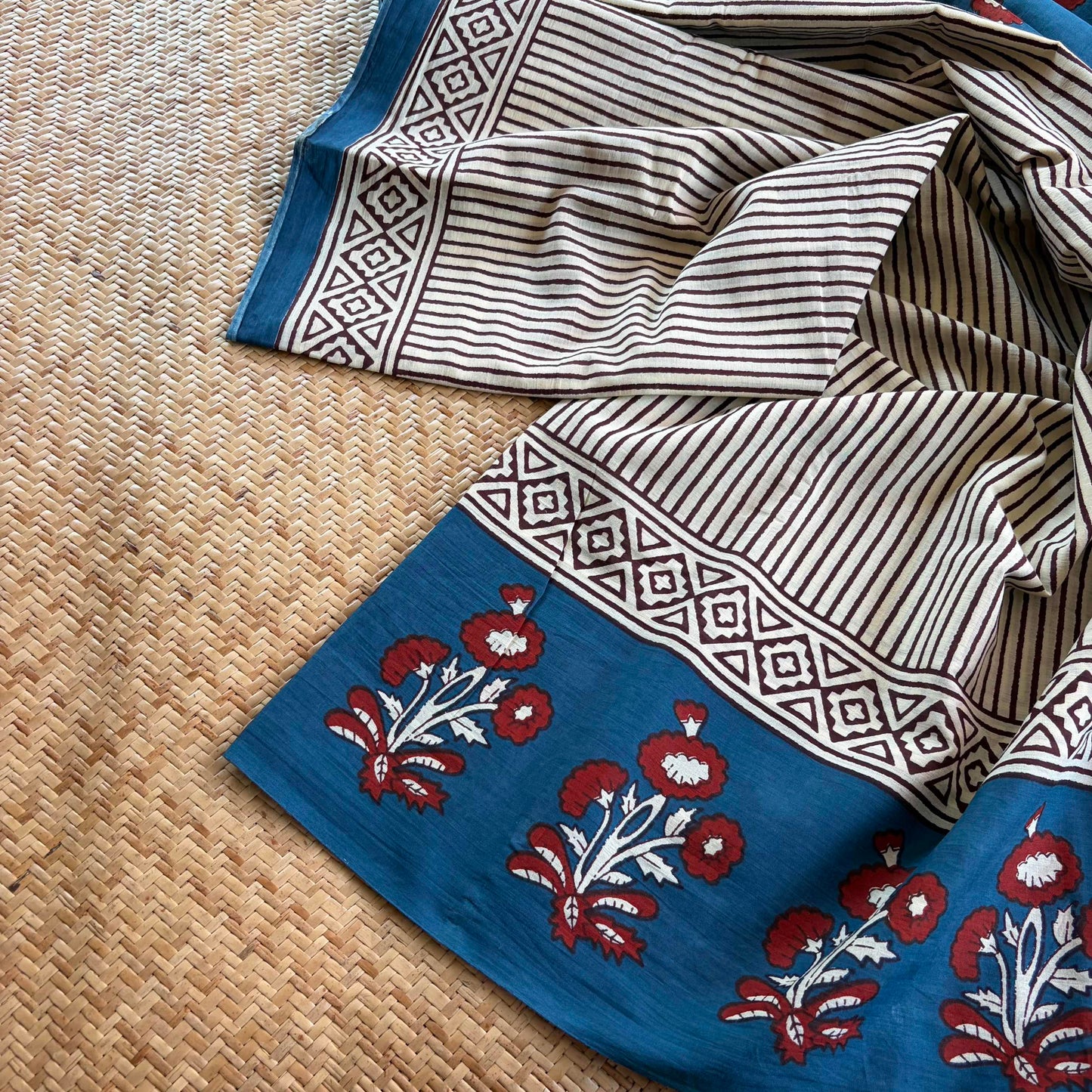 Mul Mul Cotton saree, Hand Block Printed, Blue