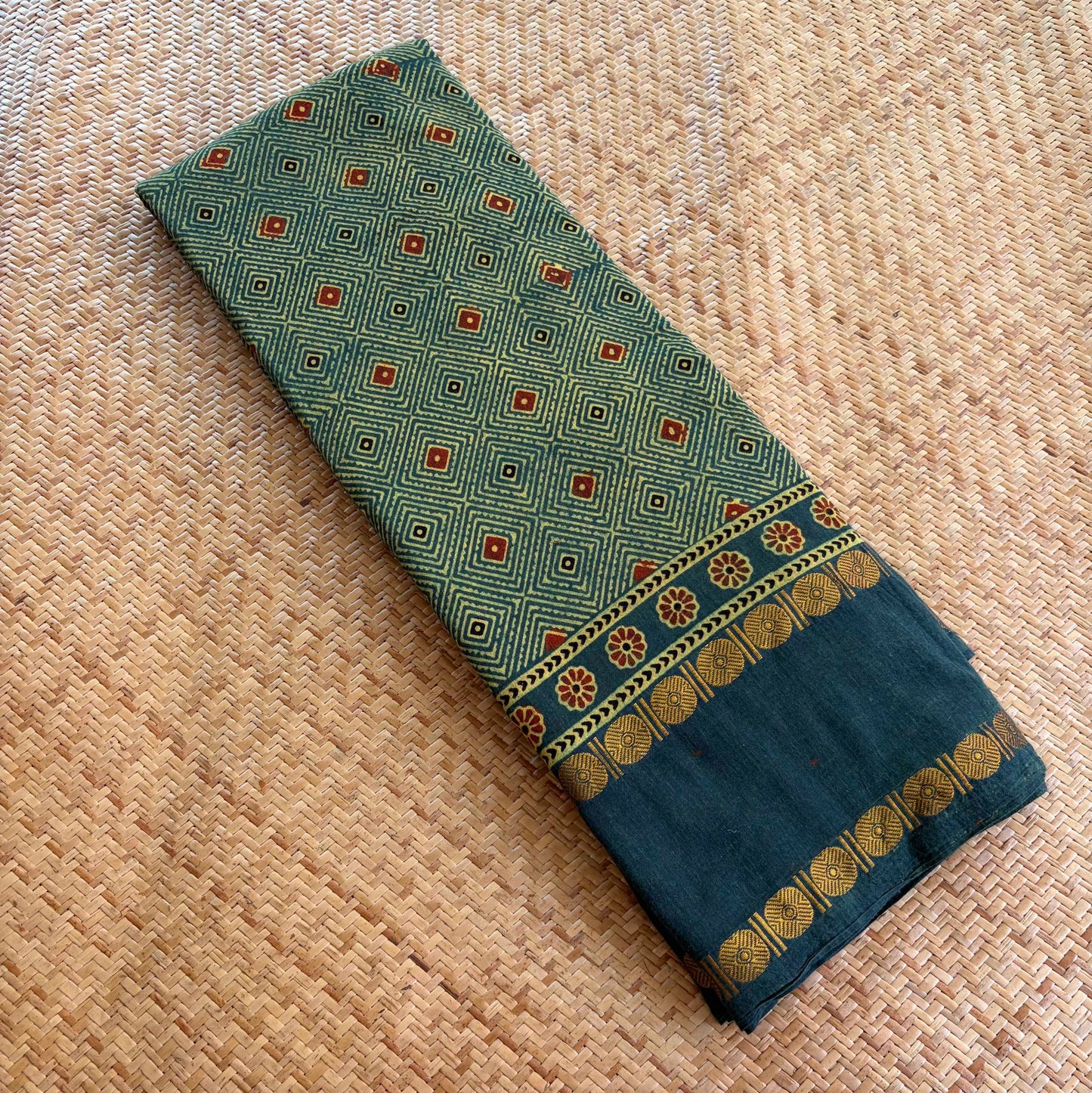 Green, Ajrak Hand Block Printed On Madurai Cotton Saree With Zari