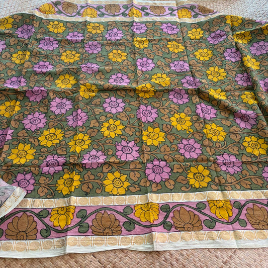 Green Floral, Kalamkari Hand Painted on a Madurai Sungudi Cotton 1.20 METER FABRIC