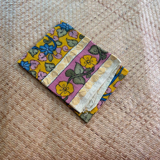 Yellow Floral, Kalamkari Hand Painted on a Madurai Sungudi Cotton 1.20 METER FABRIC