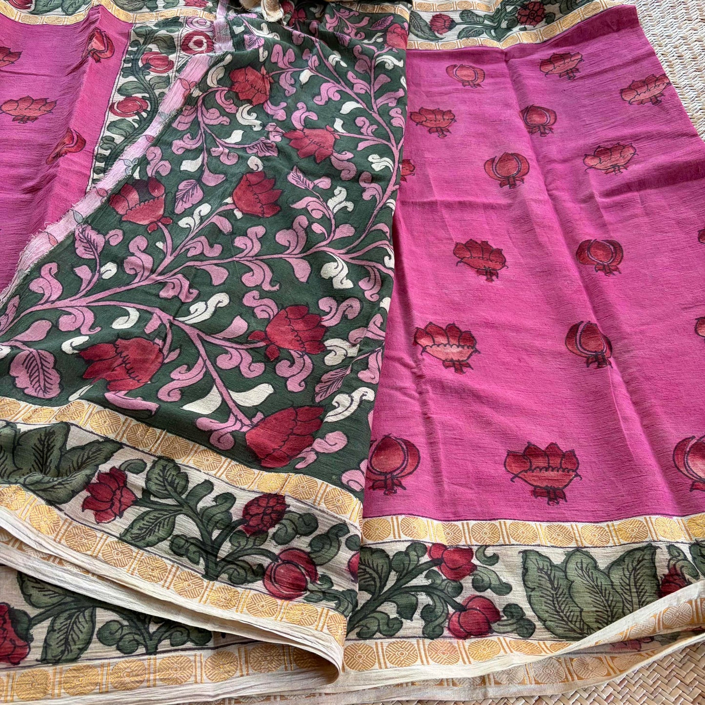 Pink Kalamkari Hand Painted on Cotton Sungudi Saree With Blouse