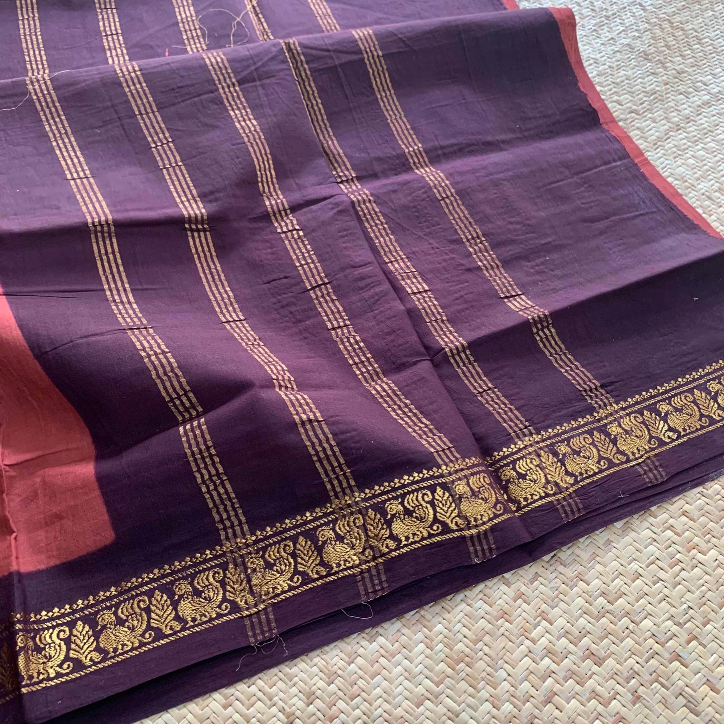 Brown Saree With Beetle Nut Brown Half Fine Zari Border, Clamp dyed (Kattu sayam).