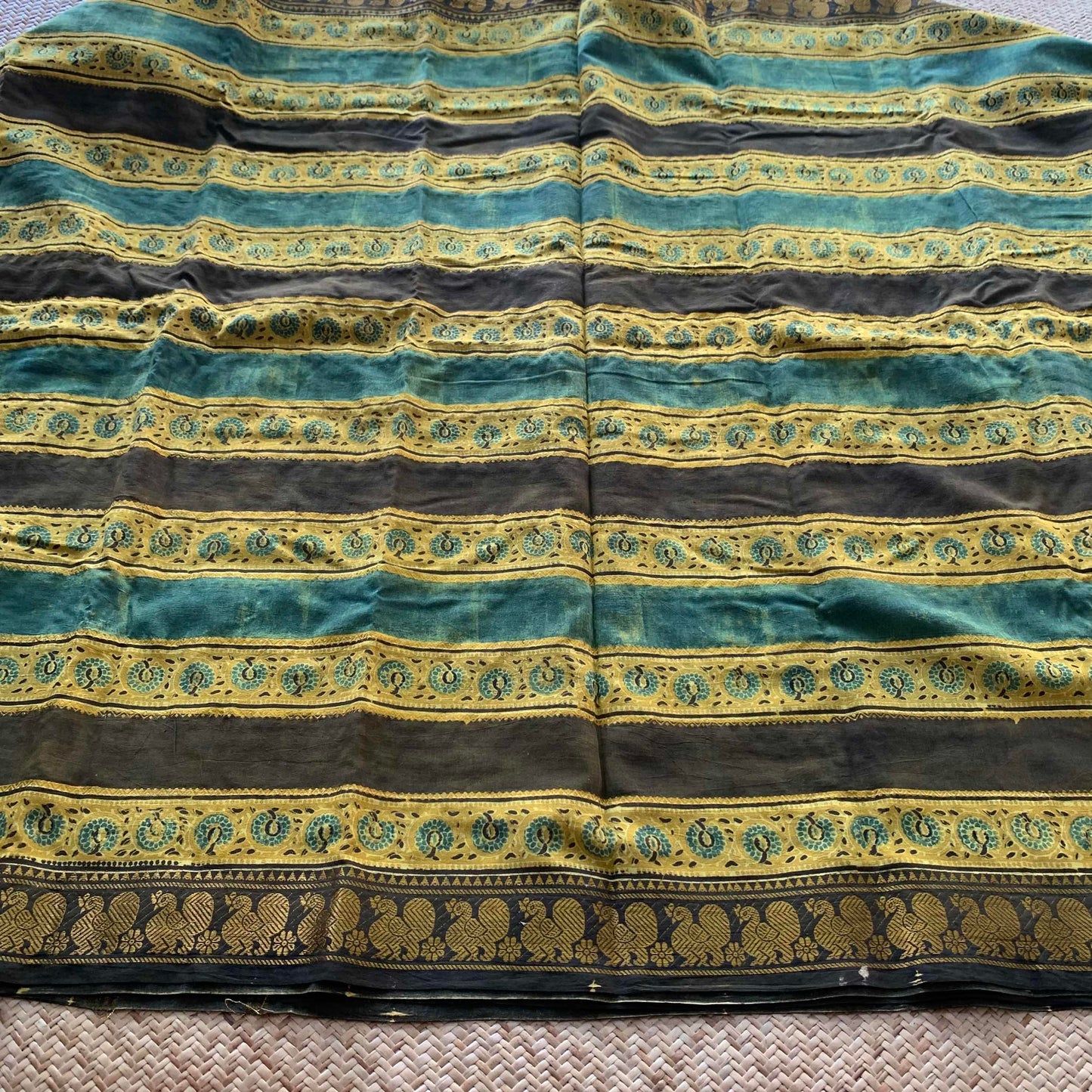 Trailing Plants-Mustard, Ajrak Hand Block Printed On Madurai Cotton Saree With Zari