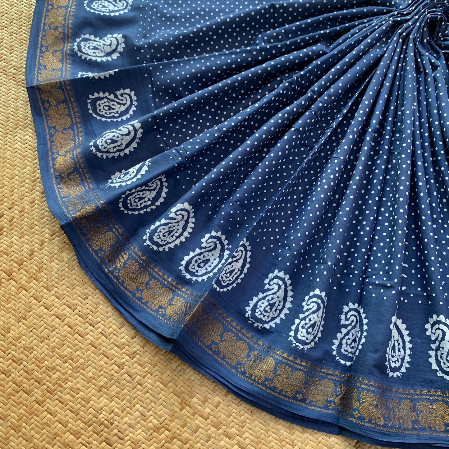 Blue Hand Crafted wax print Sungudi Mul Mul Cotton Saree