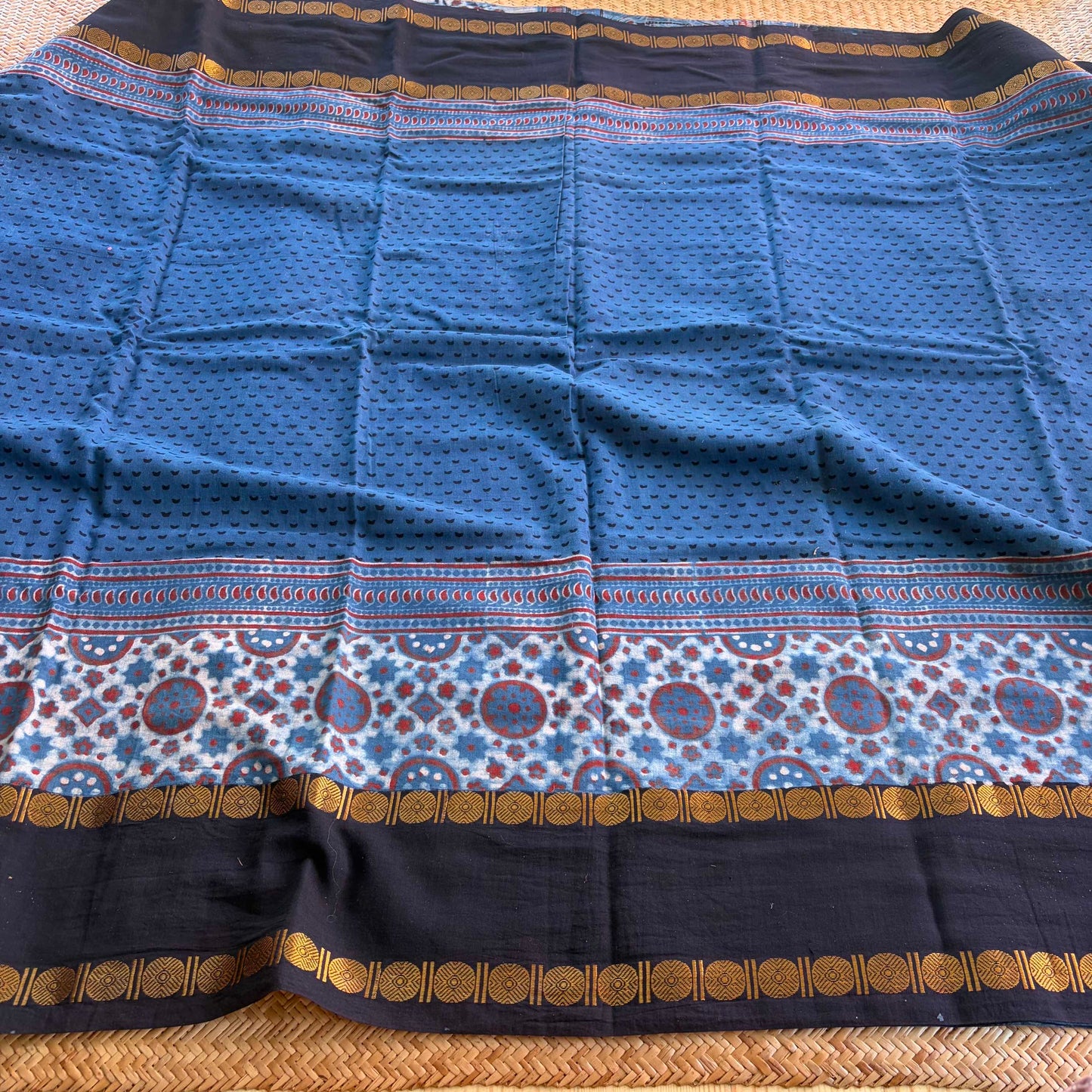 Cloud Indigo, Ajrak Hand Block Printed On Madurai Cotton Saree With Zari