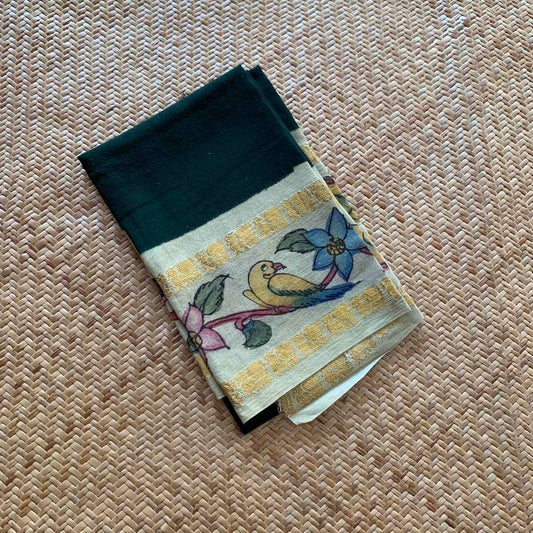 Parrot , Kalamkari Hand Painted on a Madurai Sungudi Cotton BLOUSE