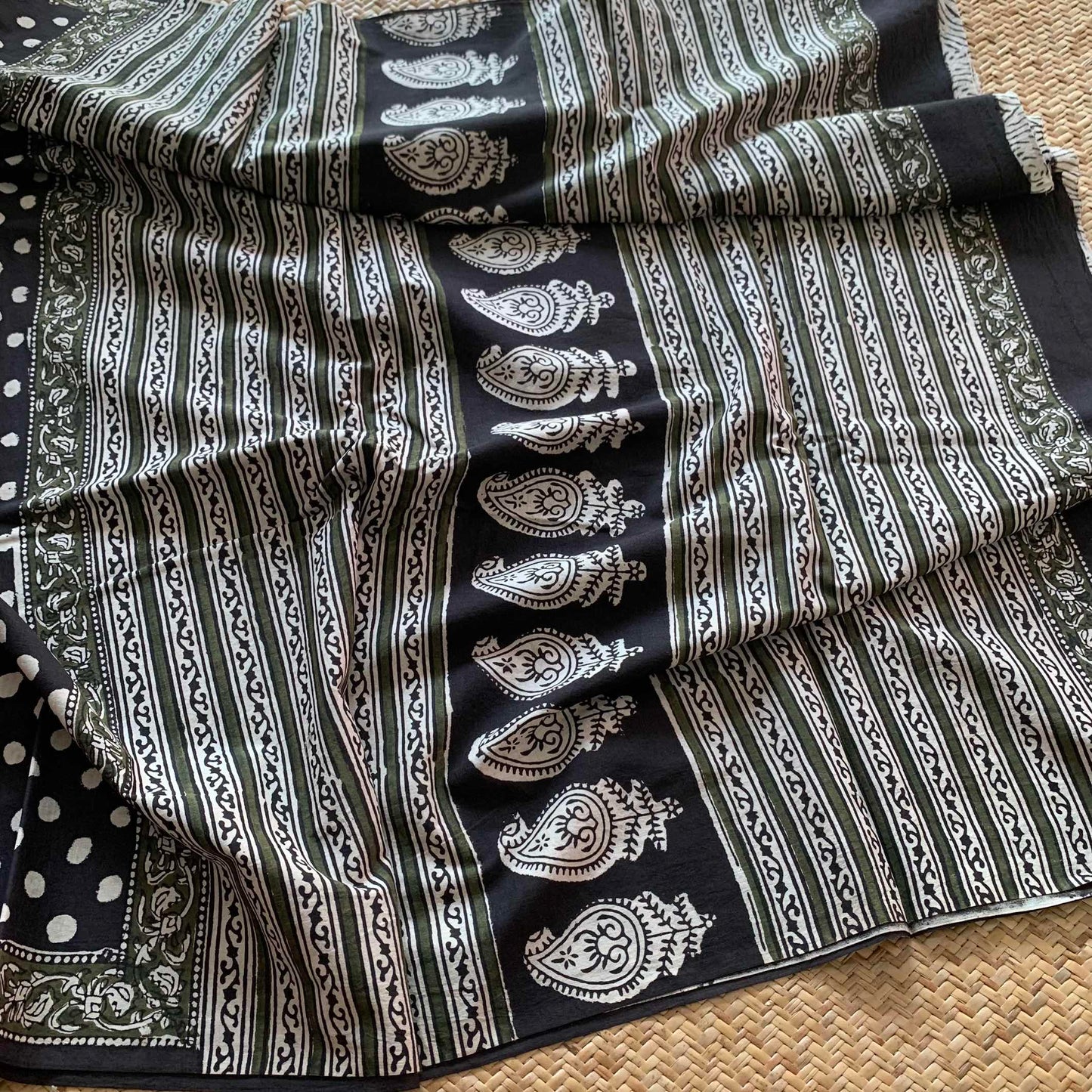 Mul Mul Cotton saree, Hand Block Printed, Black