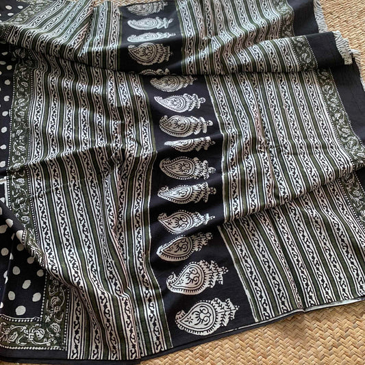 Mul Mul Cotton saree, Hand Block Printed, Black