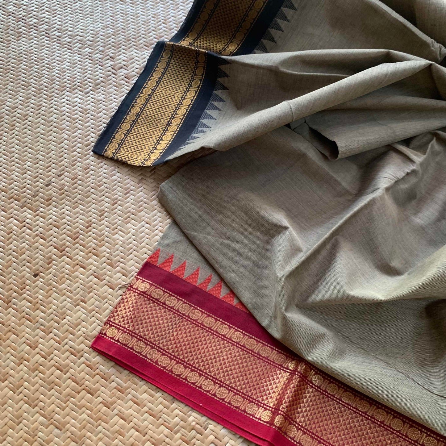 Grey Saree Black Ganga Jamuna Border, Chettinad cotton saree