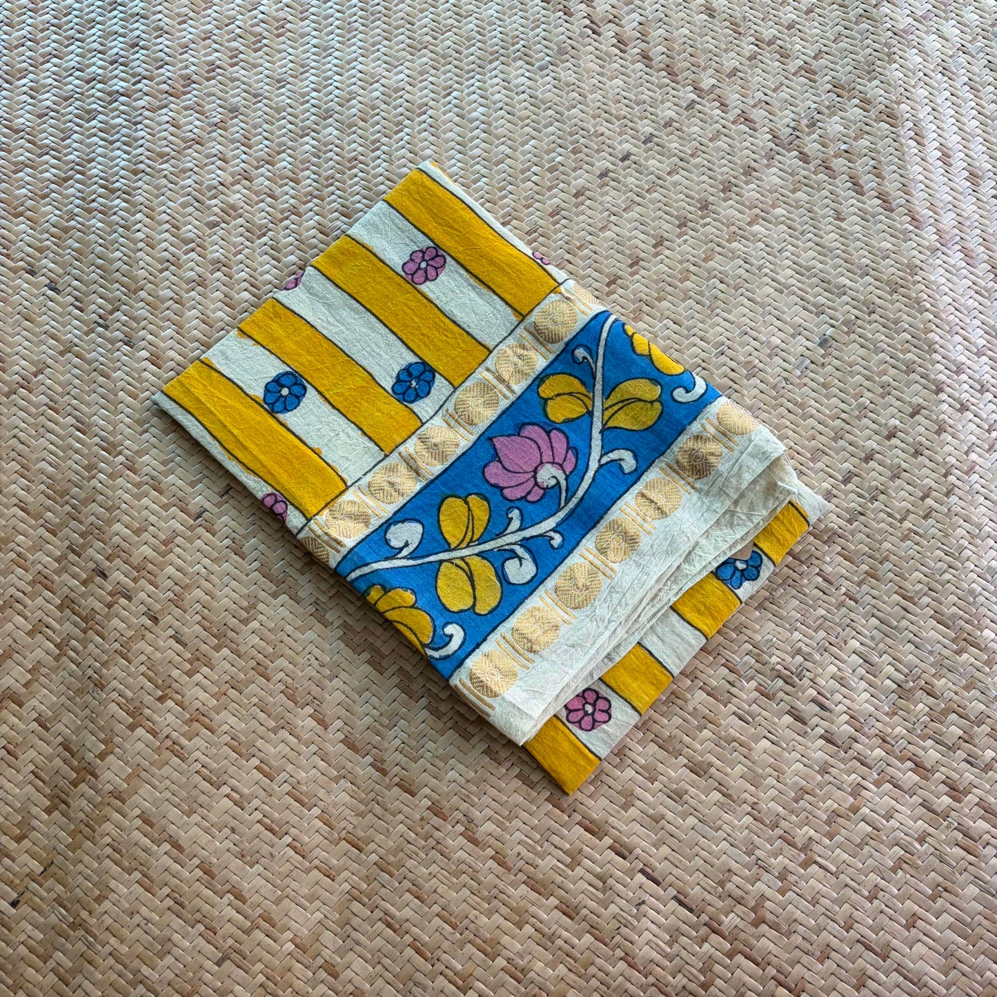 Yellow Floral, Kalamkari Hand Painted on a Madurai Sungudi Cotton 1.20 METER FABRIC