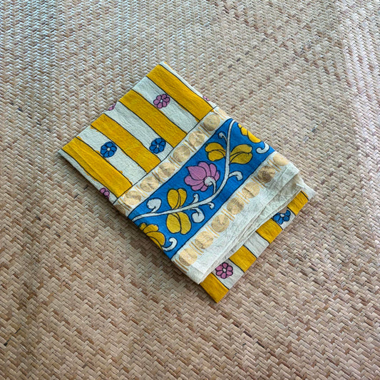 Yellow Floral, Kalamkari Hand Painted on a Madurai Sungudi Cotton 1.20 METER FABRIC