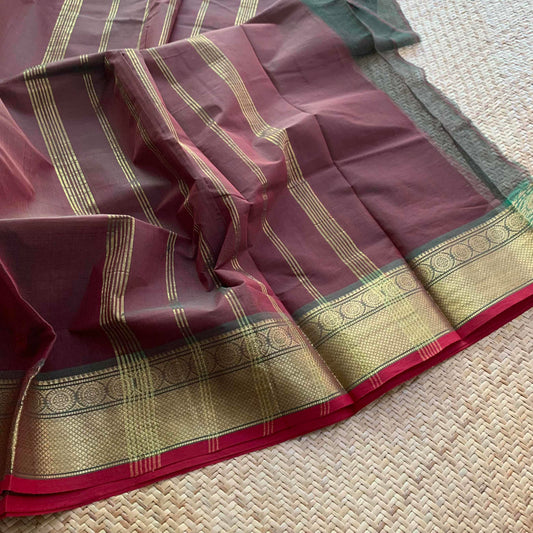 Brown Saree with Ganga Jamuna Border, Chettinad cotton saree