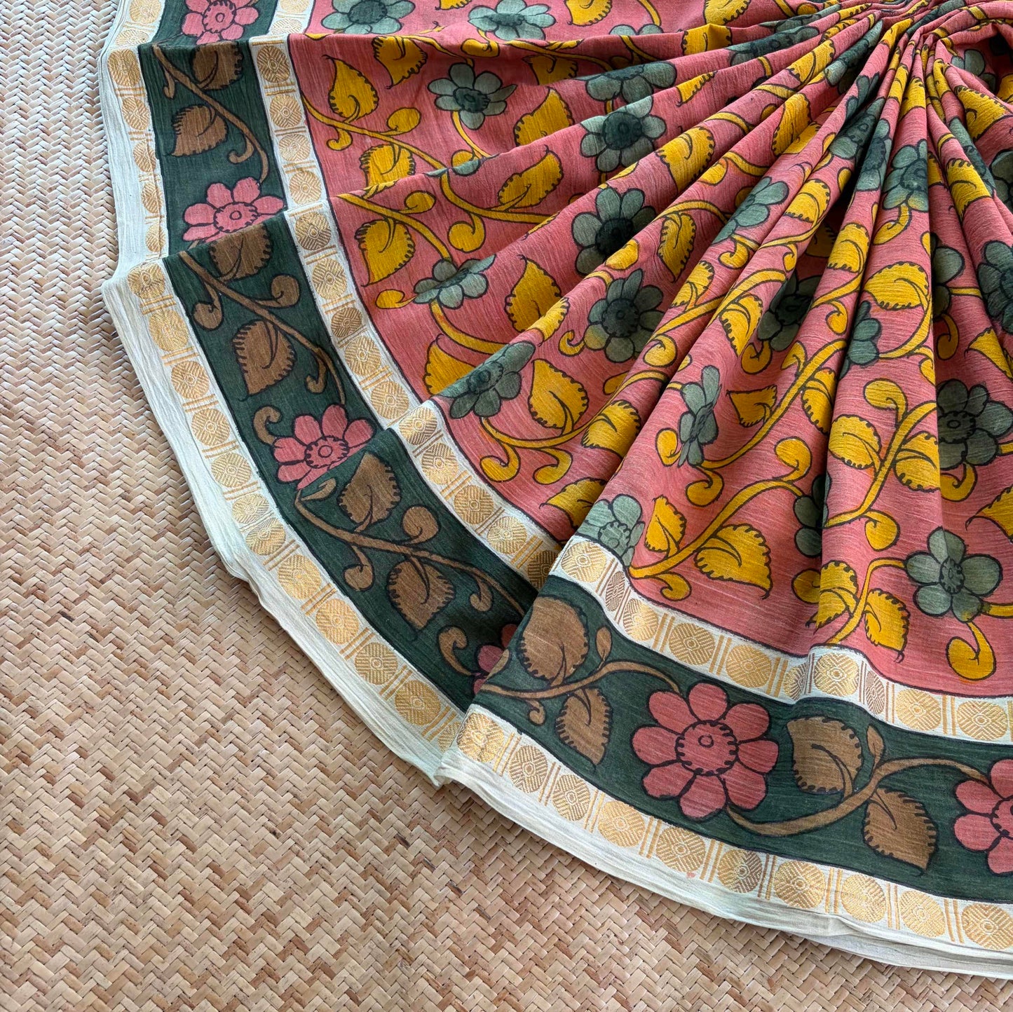 Peach Kalamkari Hand Painted on Cotton Sungudi Saree With Blouse