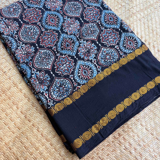 Black, Natural Dyeing Ajrak Hand Block Printed Cotton Running Fabric