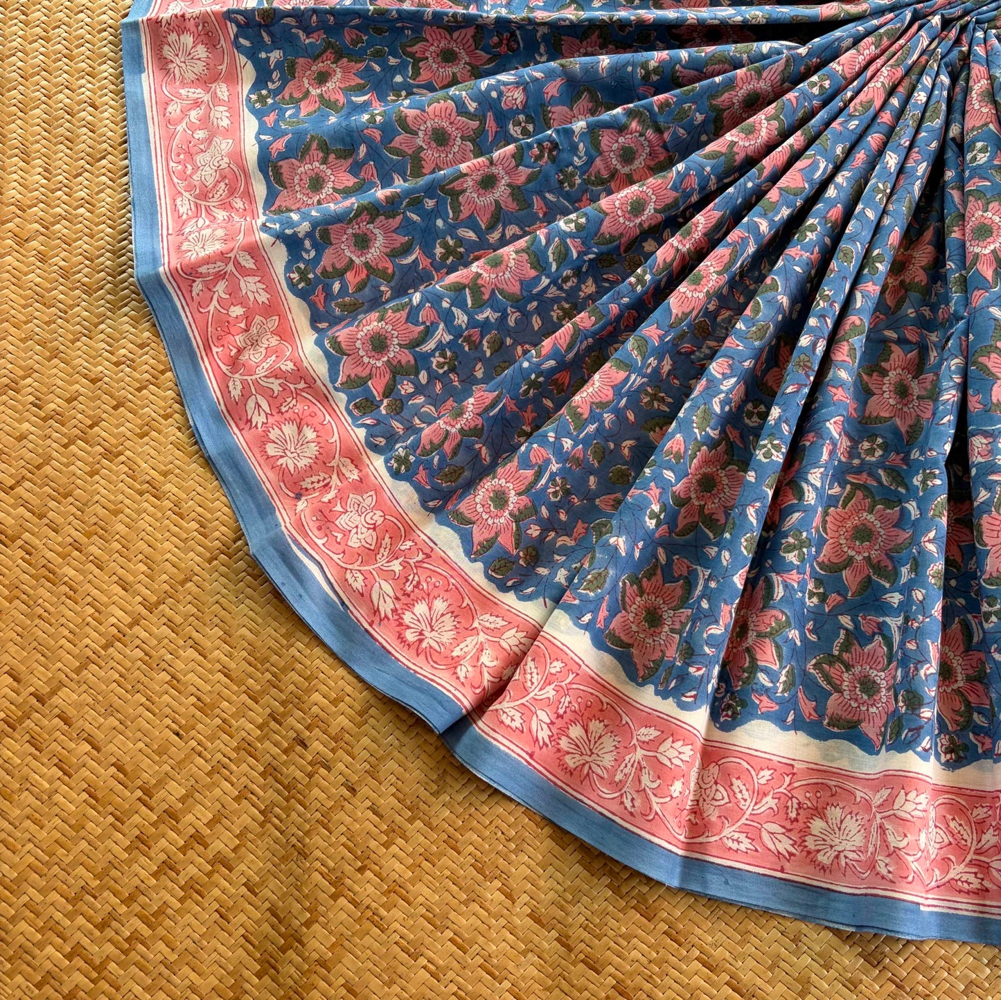 Mul Mul Cotton saree, Hand Block Printed, Blue