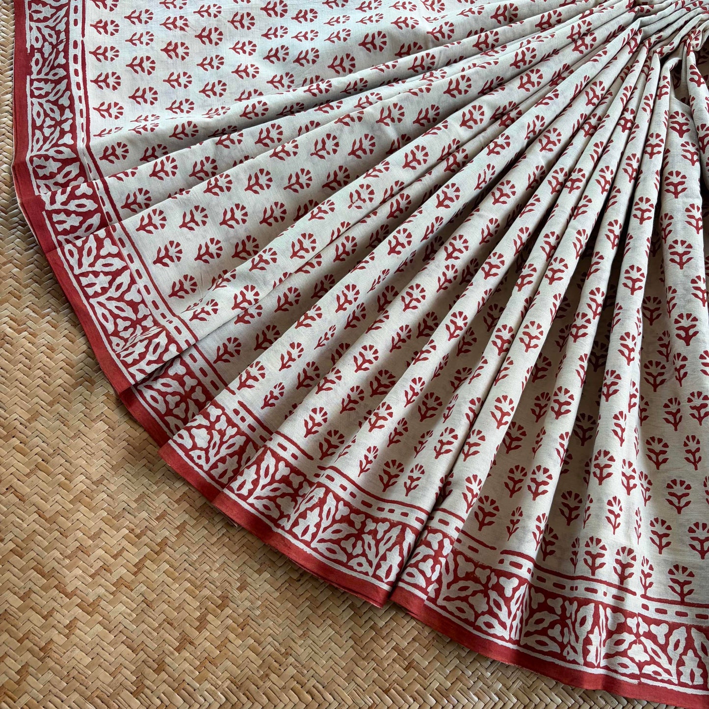 Mul Mul Cotton saree, Hand Block Printed, Cream