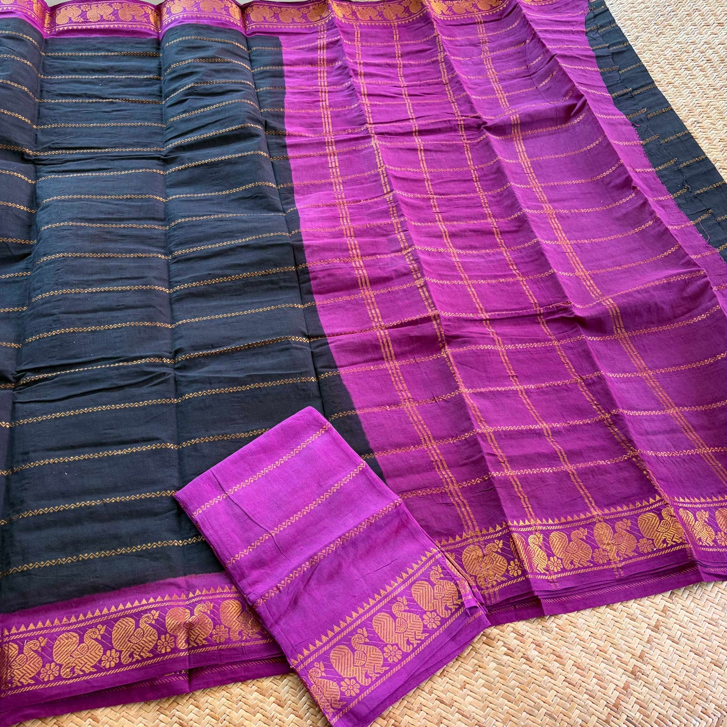 Black saree with Purple Border, Zari Velthari Madurai Sungadi Saree with blouse