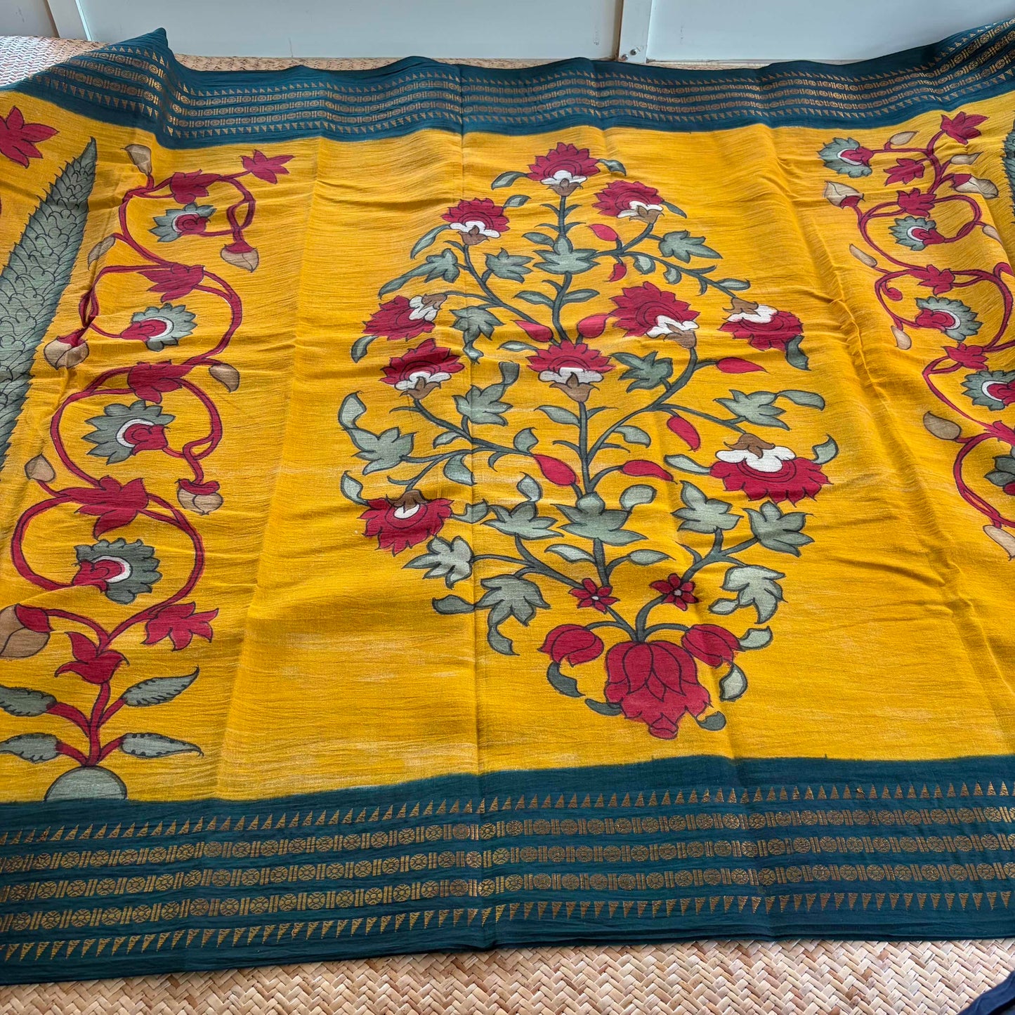 Botanical Kalamkari Hand Painted on Cotton Sungudi Saree With Blouse