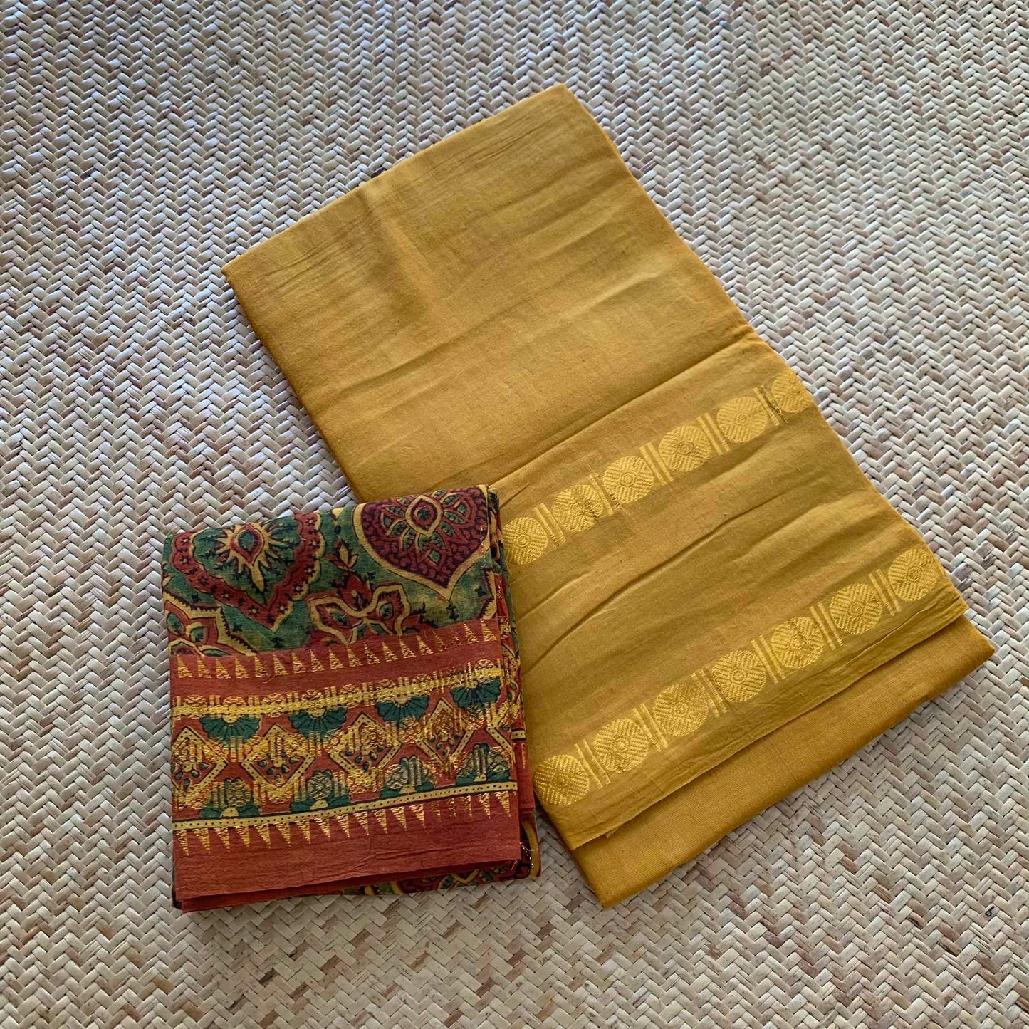 Golden Mustard Saree With Ajrak Blouse , Zari Rudraksham Rettai Pettu Border , Clamp dyed (Kattu sayam).