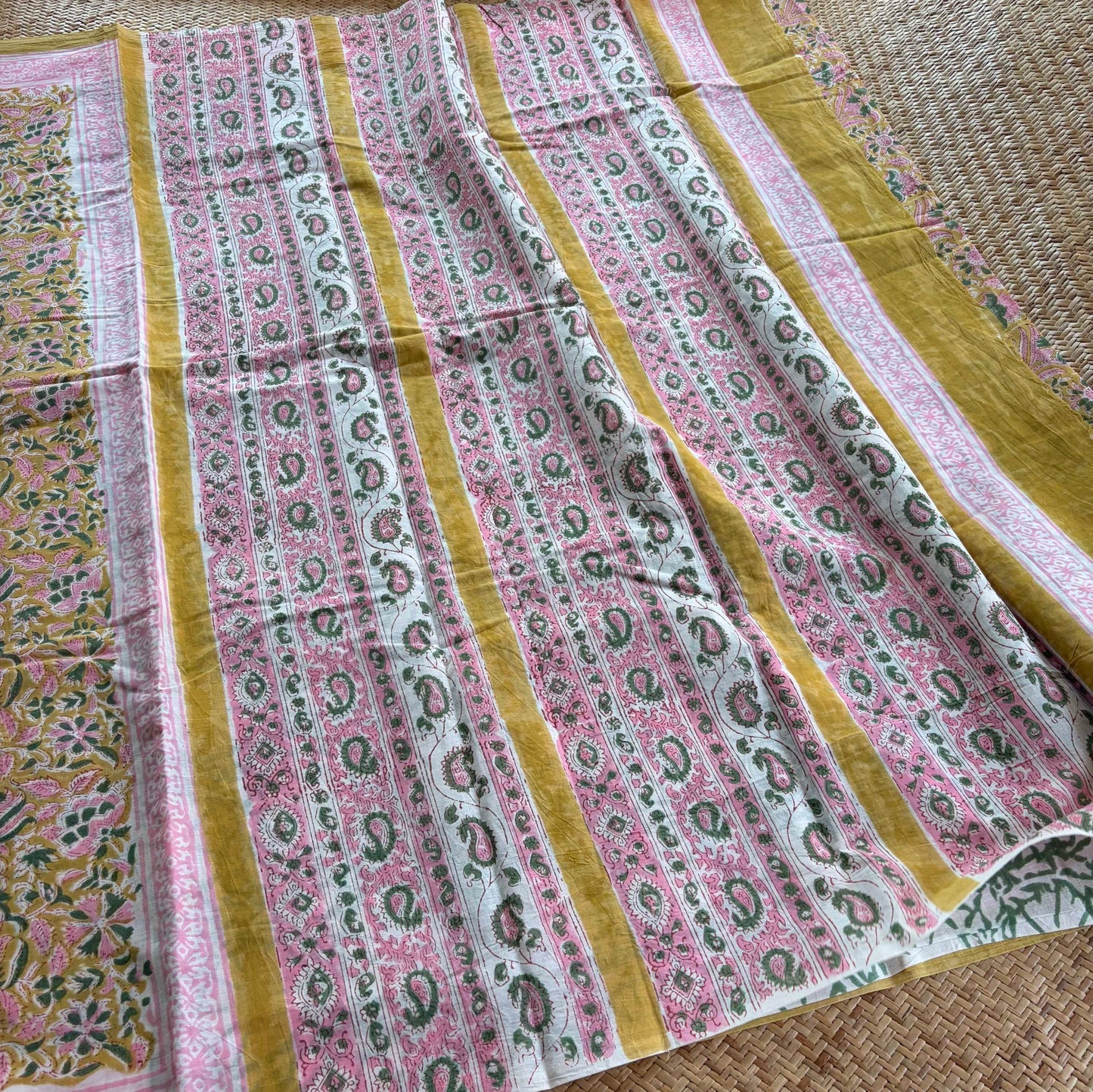 Mul Mul Cotton saree, Hand Block Printed, Mustard