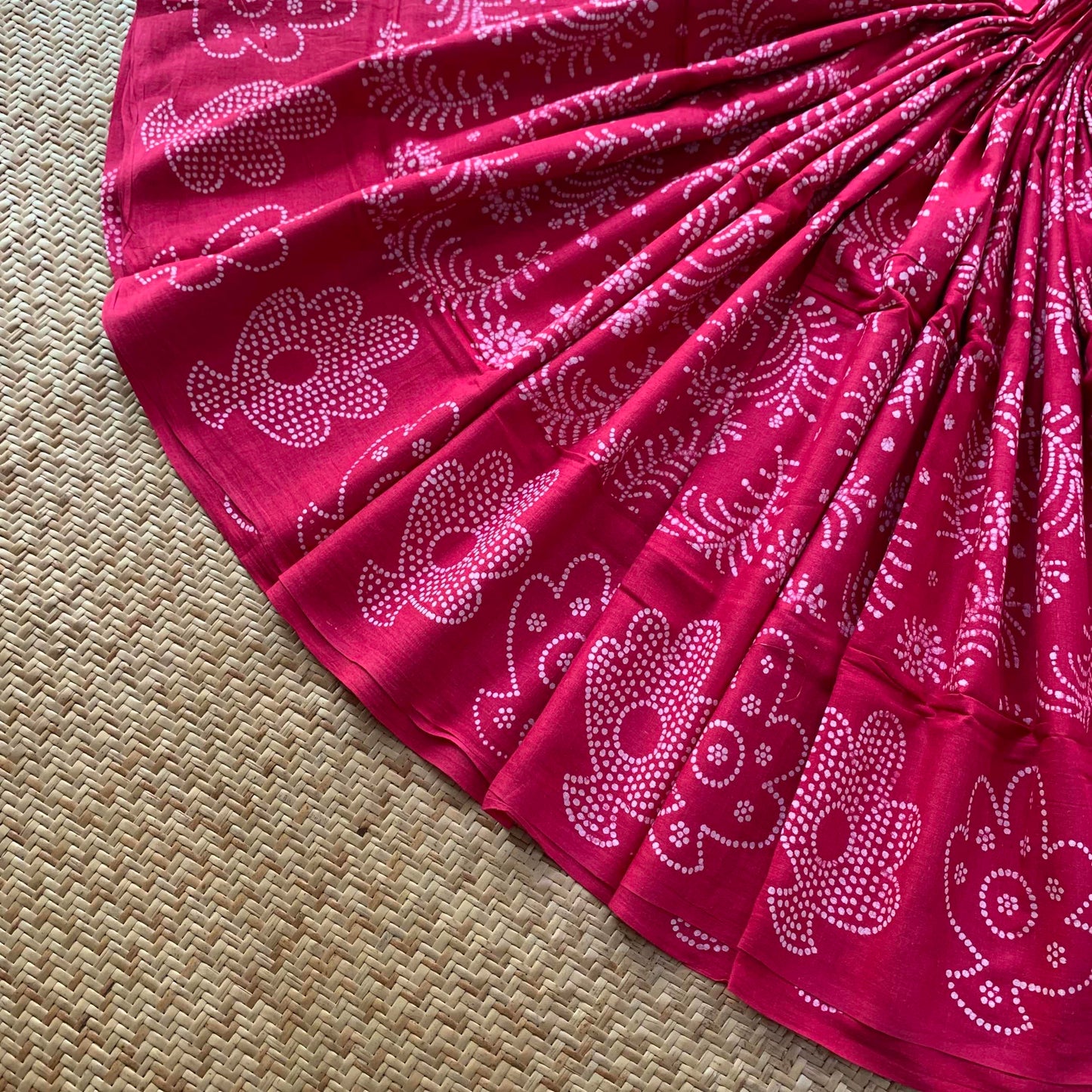 Pink Hand Crafted wax print Sungudi Mul Mul Cotton Saree