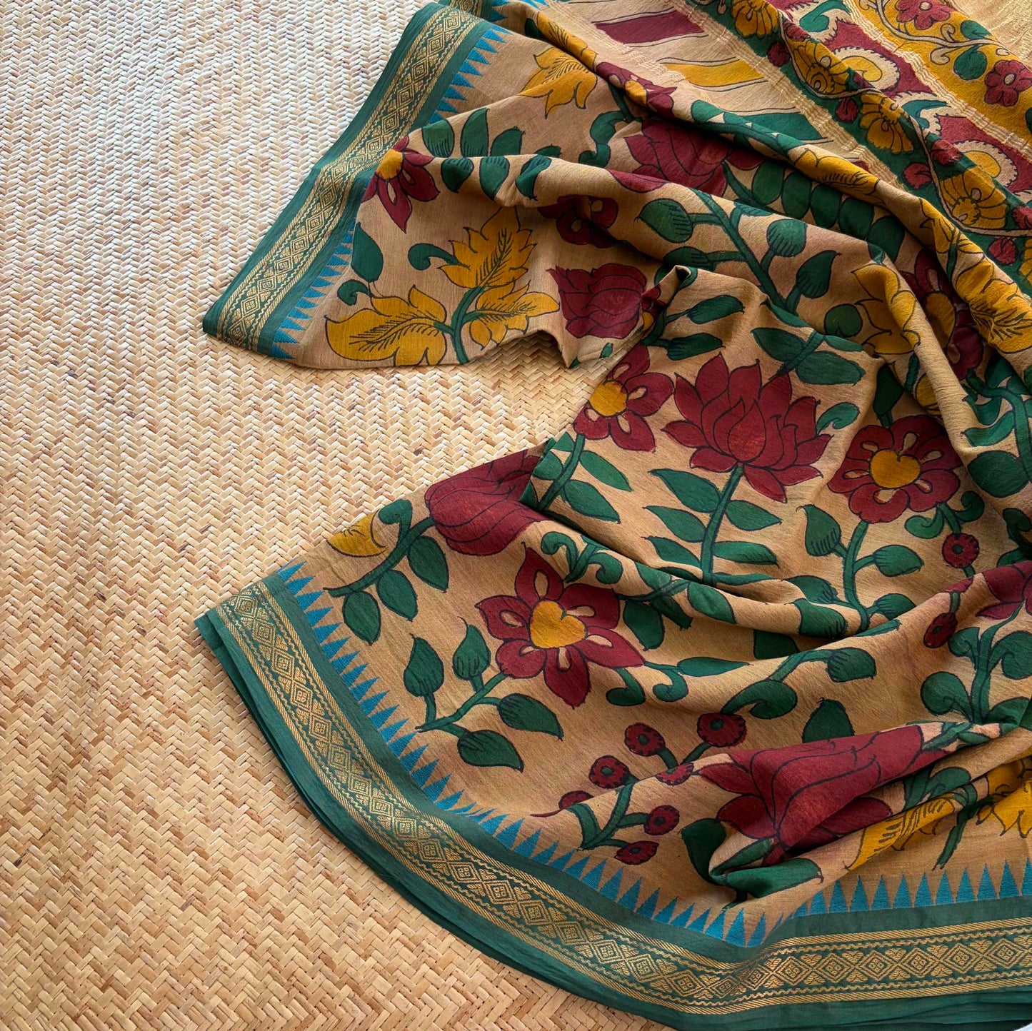 Multicoloured Kalamkari Hand Painted on Chettinad Cotton saree
