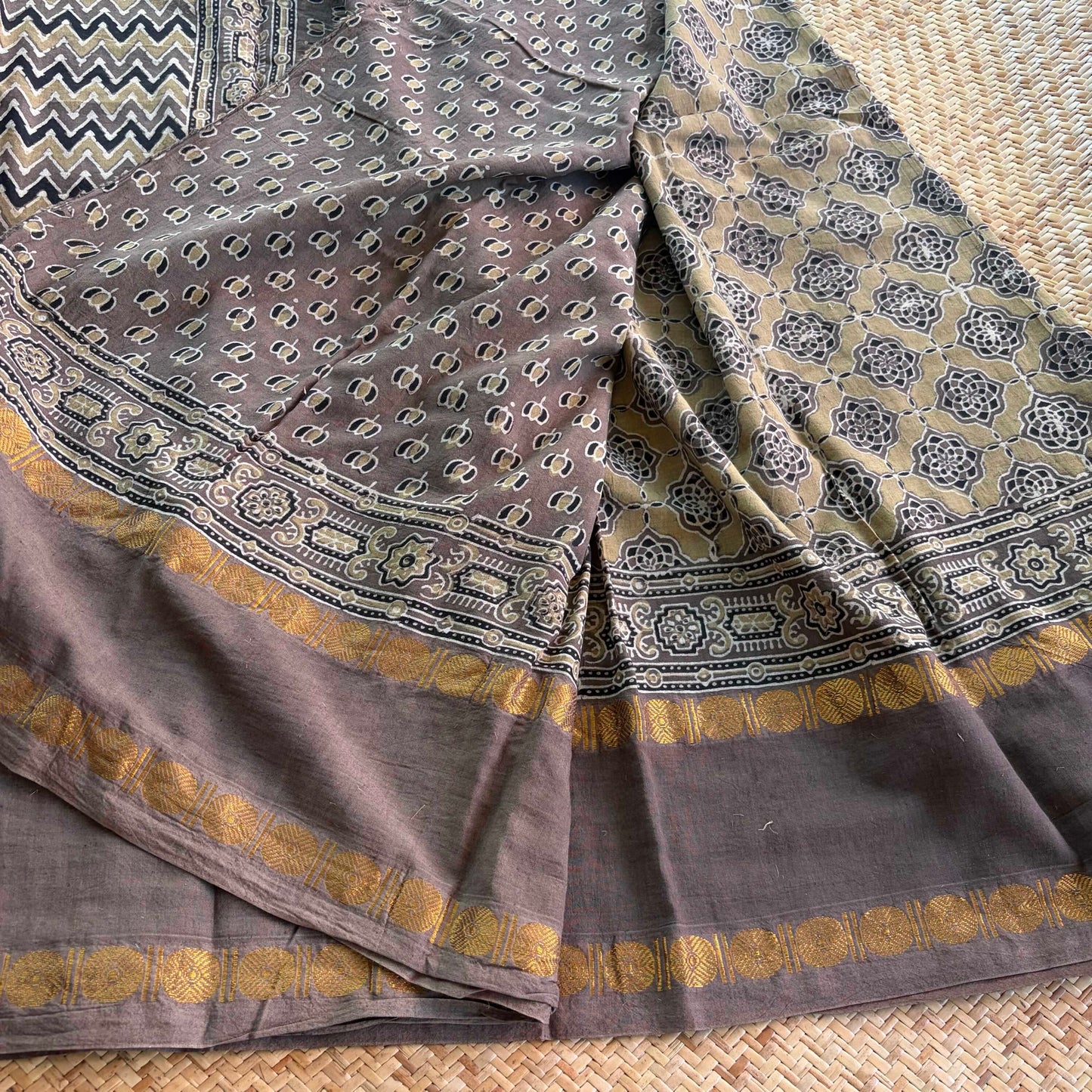 Taupe, Ajrak Hand Block Printed On Madurai Cotton Saree With Zari