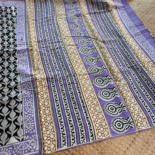 Mul Mul Cotton saree, Hand Block Printed, Black