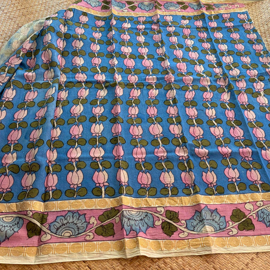 Blue Floral, Kalamkari Hand Painted on a Madurai Sungudi Cotton 1.20 METER FABRIC