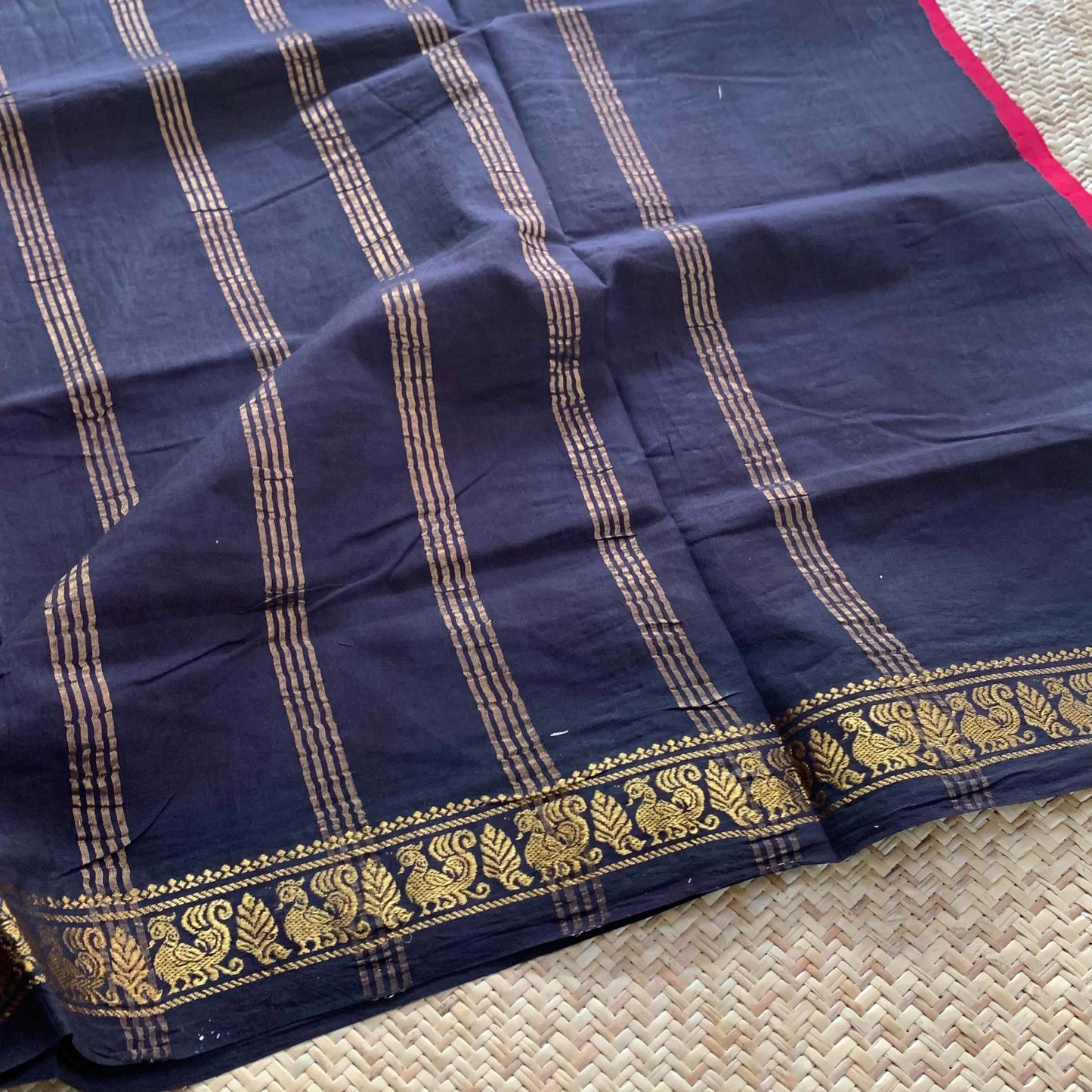 Pink Saree With Navy Half Fine Zari Border, Clamp dyed (Kattu sayam).