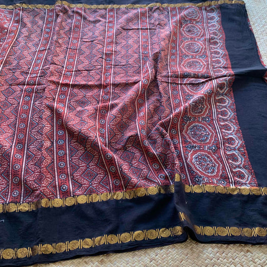 Vintage- Rudraksha Border, Ajrak Hand Block Printed On Madurai Cotton Saree With Zari