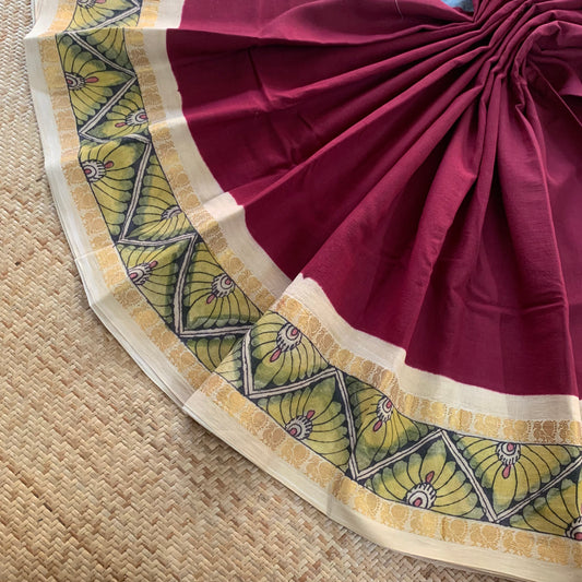 Maroon - Kalamkari Hand Painted on a Madurai Sungudi Cotton saree.