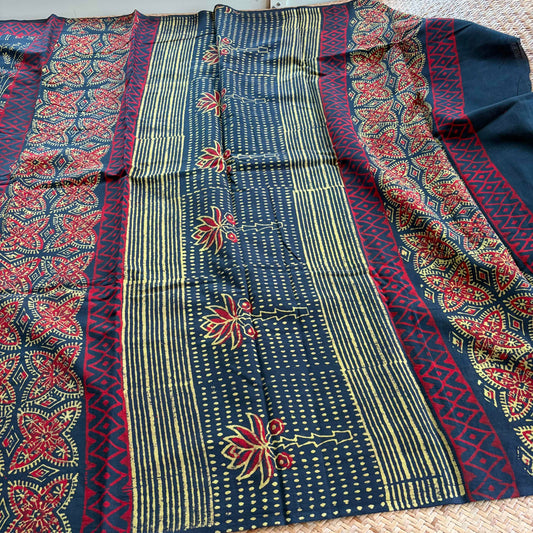 Mul Mul Cotton saree, Hand Block Printed, Green