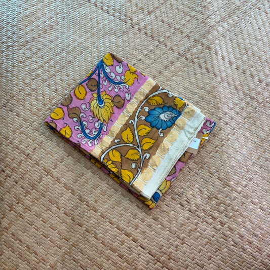 Pink Floral, Kalamkari Hand Painted on a Madurai Sungudi Cotton 1.20 METER FABRIC