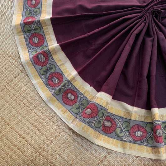 Brown - Kalamkari Hand Painted on a Madurai Sungudi Cotton saree.