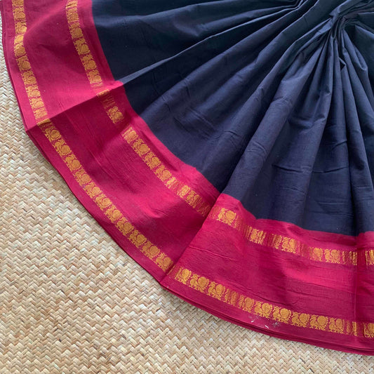 Black Saree With Maroon Border, Zari Annam Rettai Pettu Border , Clamp dyed (Kattu sayam).