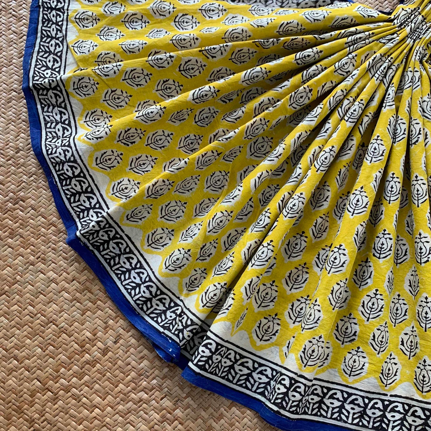 Mul Mul Cotton saree, Bagru Hand Block Printed, Yellow