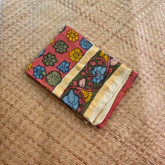Rust Orange Floral, Kalamkari Hand Painted on a Madurai Sungudi Cotton 1.20 METER FABRIC